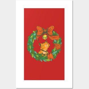 Orange Tabby Cat in a Holiday Wreath Posters and Art